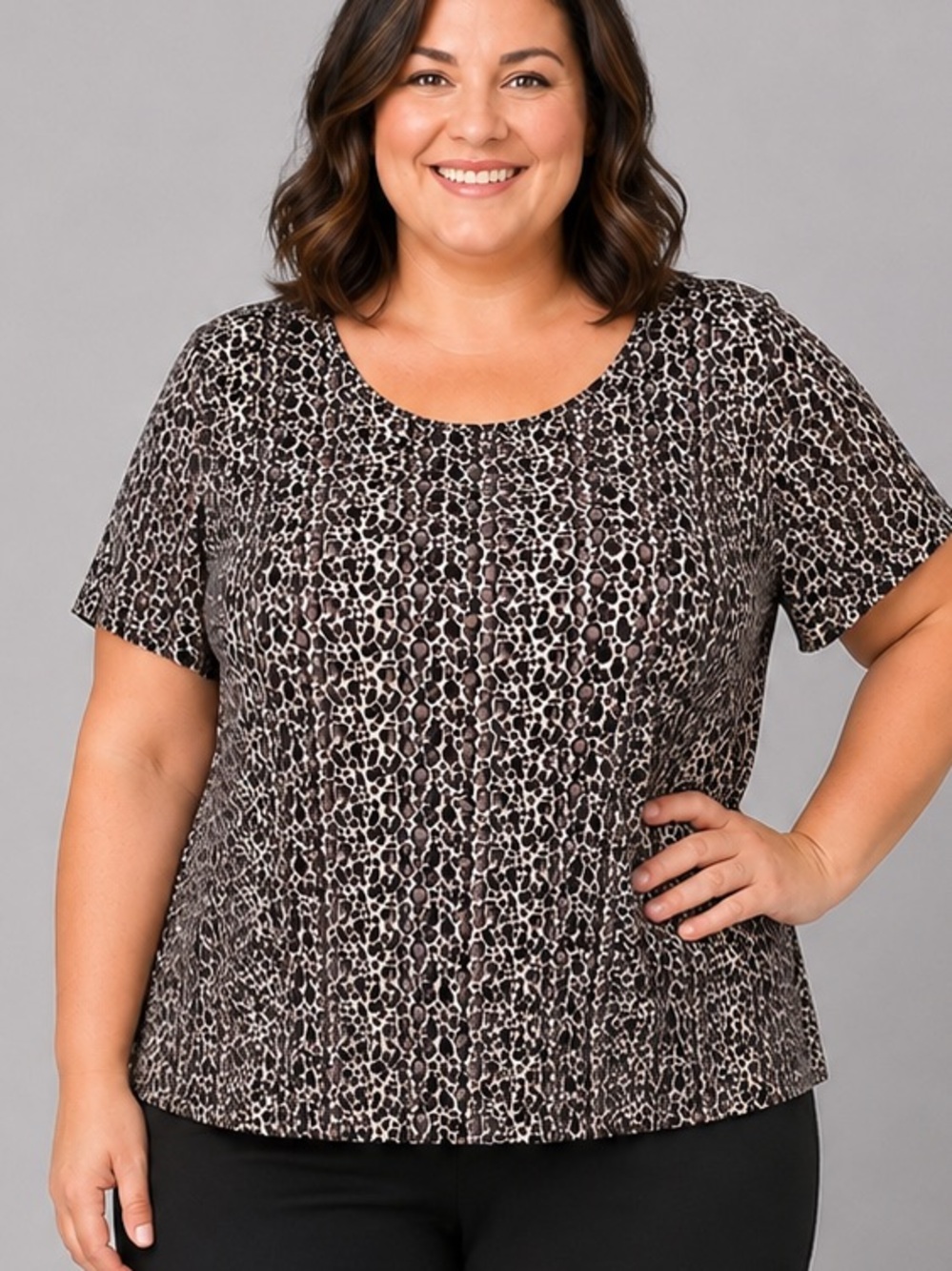 LAURA Black Cream and Purple Leopard Print Short Sleeve Top 3X